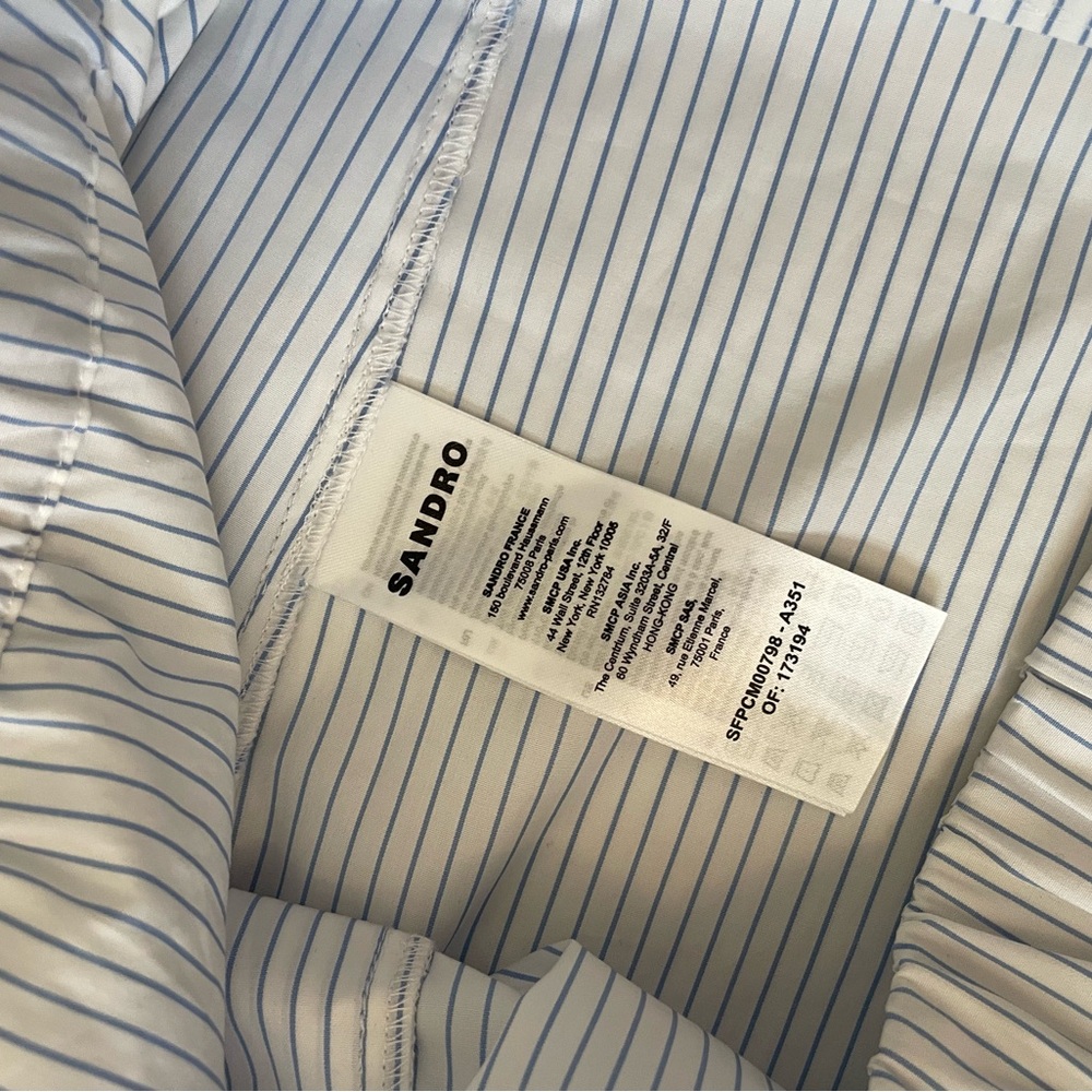 Sandro Yzeure Blue + White Cotton Striped Ruffled Cropped Shirt Size 4, Preppy - Picture 9 of 14